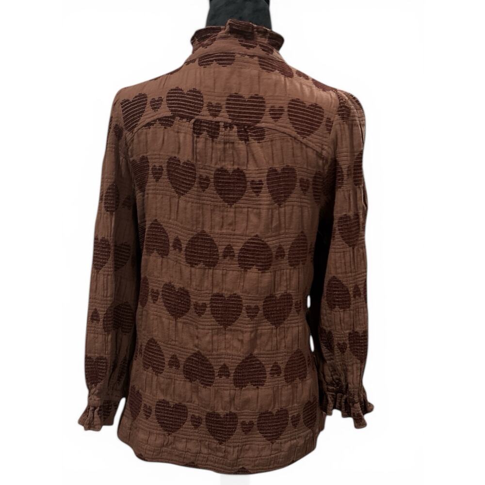 Umgee Brown Heart Embroidered Ruffle Button Up Top Women’s Large - Picture 2 of 5